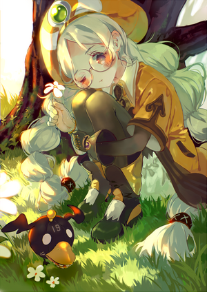 Anime girl with glasses and a creature in grass