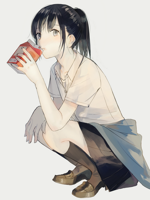 Anime girl in school uniform drinking juice