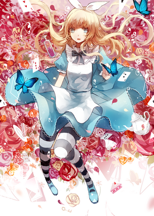 Anime girl in blue dress with butterflies and roses