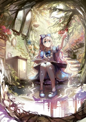 Anime girl with blonde hair reading a book in a garden