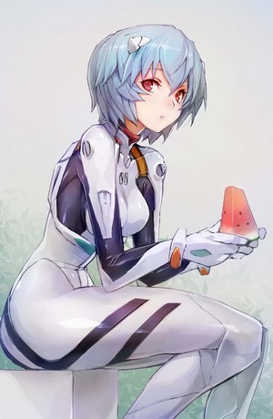 Rei Ayanami from Neon Genesis Evangelion eating watermelon