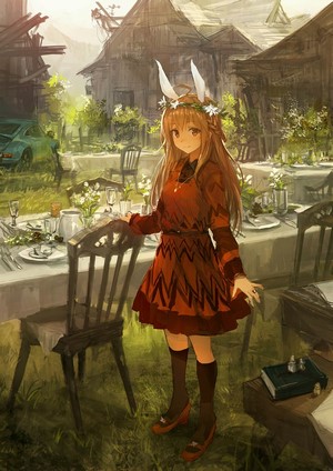 Anime girl with bunny ears at a table setting
