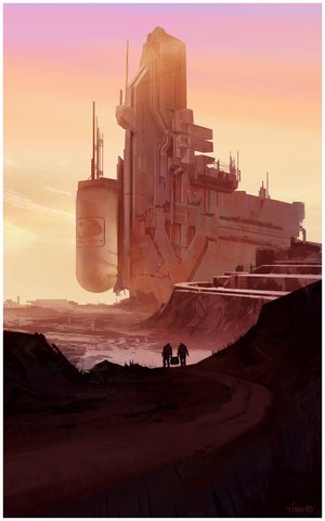 Futuristic science fiction building with two figures