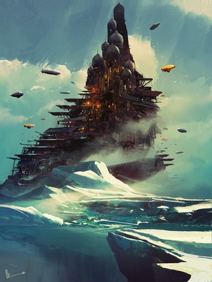 Fantasy castle city in the sky with airships