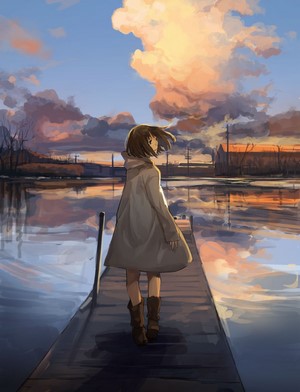 Anime girl on a pier at sunset