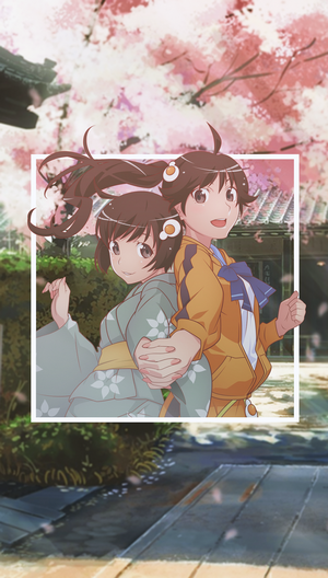 Two anime girls holding hands with cherry blossoms