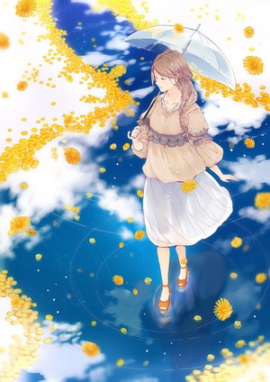 Anime girl with umbrella in a field of yellow flowers