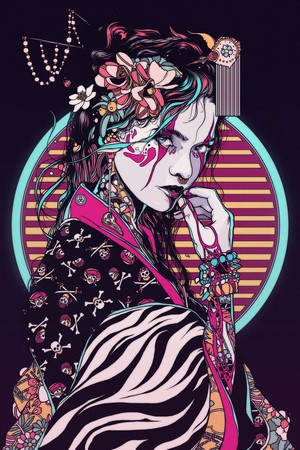 Geisha with skull and bones kimono by Conrado Salinas