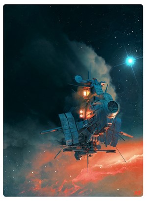 Spaceship artwork in a nebula with stars