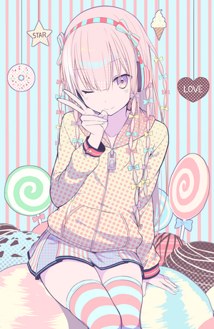 Anime girl with headphones and candy background