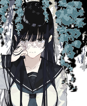 Anime girl with black hair and gray eyes in school uniform crying