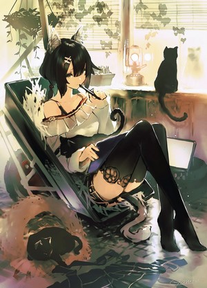 Anime girl with cat ears and tail sitting with cats