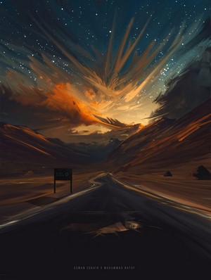 Digital art of a road at sunset with stars