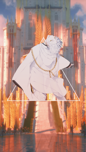 Anime character with white hair in a fantasy city