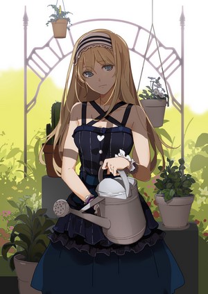 Anime girl with blonde hair watering plants