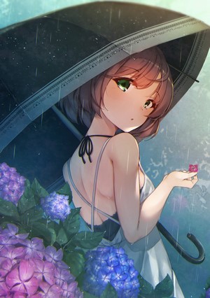 Anime girl with umbrella and hydrangeas in the rain