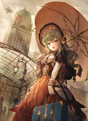 Anime girl with umbrella and suitcase in steampunk city