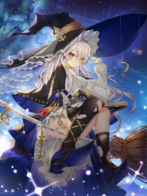 Anime witch girl with a broomstick in space