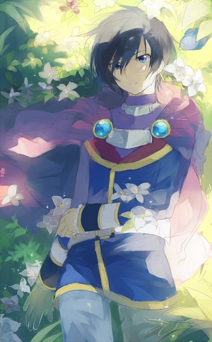 Anime boy with blue eyes and black hair in a garden