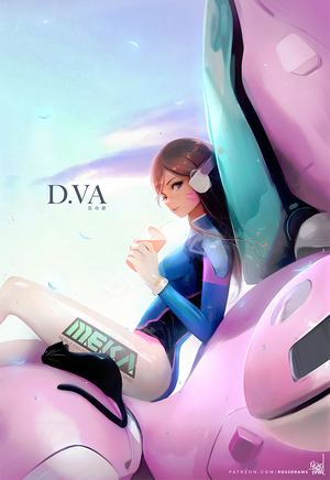 D.Va from Overwatch sitting on her MEKA