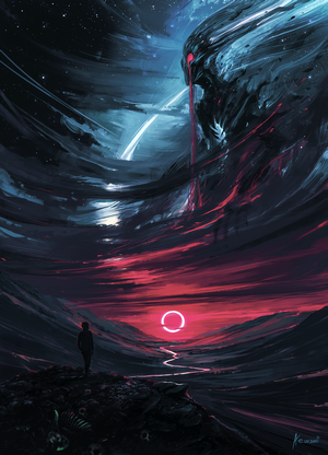 Artwork of a demon-like entity in a cosmic landscape