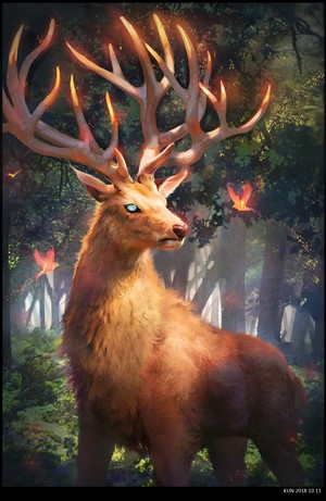 Fantasy creature with glowing antlers in a forest