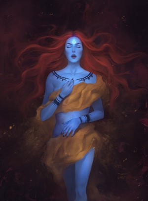Blue-skinned woman with red hair and tattoos