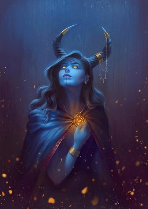 Blue-skinned woman with horns and glowing eyes