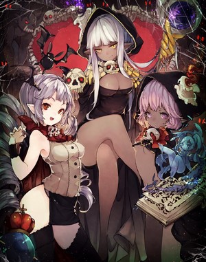 Three Halloween witches with skulls and bats