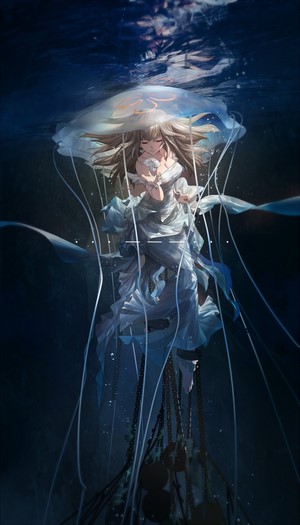 Underwater Anime Girl with Chains and Jellyfish