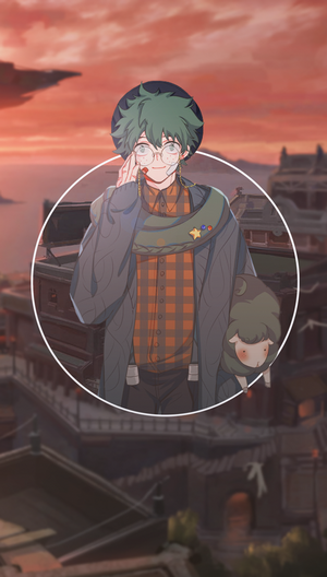 Anime boy with green hair and sheep plushie