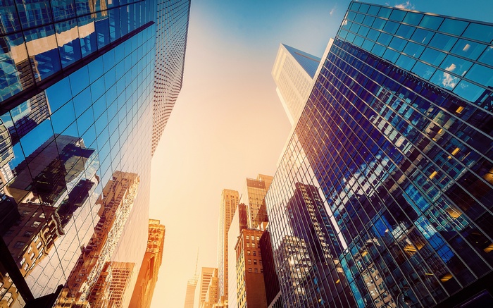 Skyscrapers reflecting sunlight in a cityscape