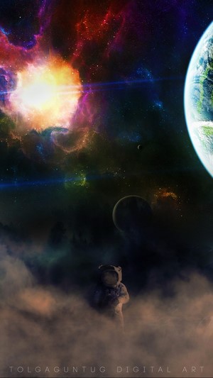 Astronaut in a Nebula with Earth and Planets