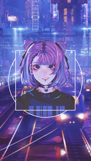 Anime girl with pink hair and blue eyes in a city