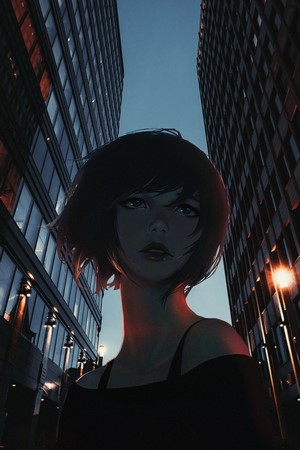 Anime girl with short hair in a city at night