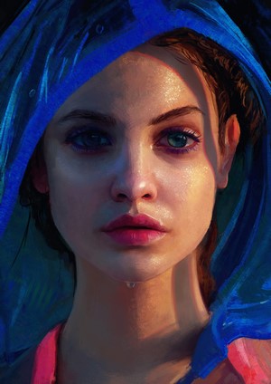 Painting of a woman with blue eyes wearing a blue hood