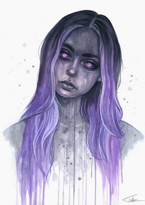 Woman with purple hair and glowing purple eyes