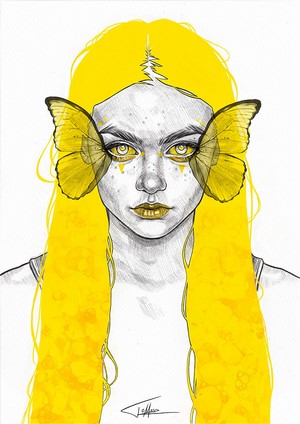 Woman with yellow butterfly wings and long yellow hair