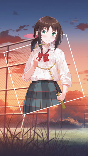 Anime girl with badminton racket at sunset