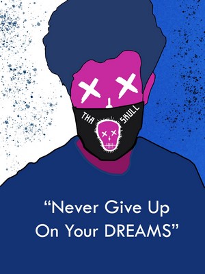 Artwork of a person with a skull mask and a quote