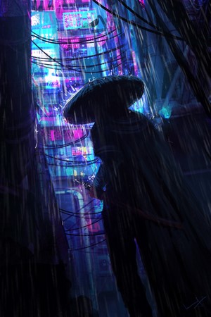 Cyberpunk samurai in a neon city during rain