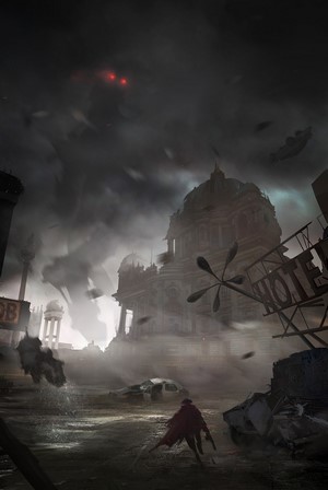 Apocalyptic scene with a lone figure and a giant robot