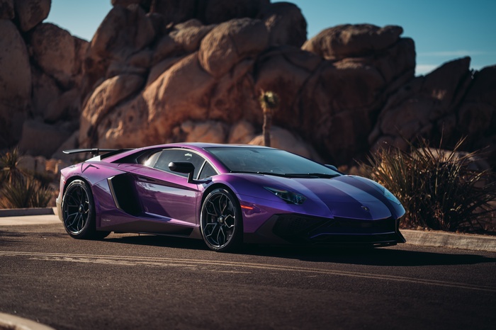 Purple Lamborghini Aventador SV Coupe in desert landscape