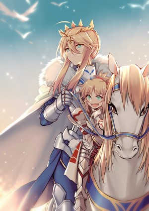Artoria Pendragon and Mordred from Fate/Grand Order on a horse