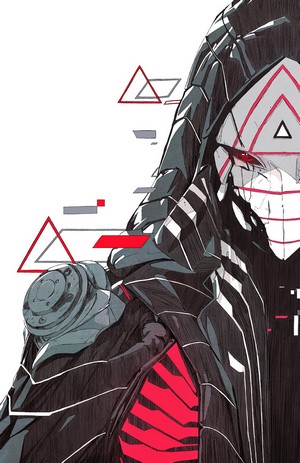 Cyberpunk warrior with red accents and geometric shapes