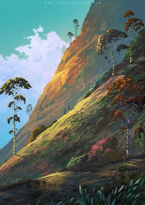 Digital artwork of a mountain landscape with trees