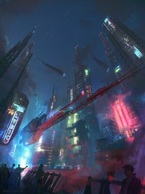 Cyberpunk city with flying vehicles and neon lights