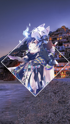 Anime character with fox mask in front of coastal town