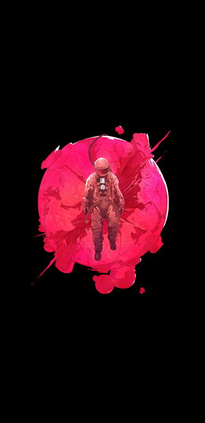 Astronaut floating in front of a pink and red abstract planet