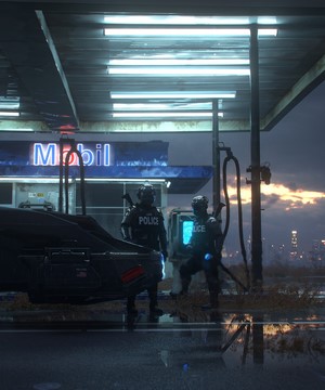 Police officers at a Mobil gas station